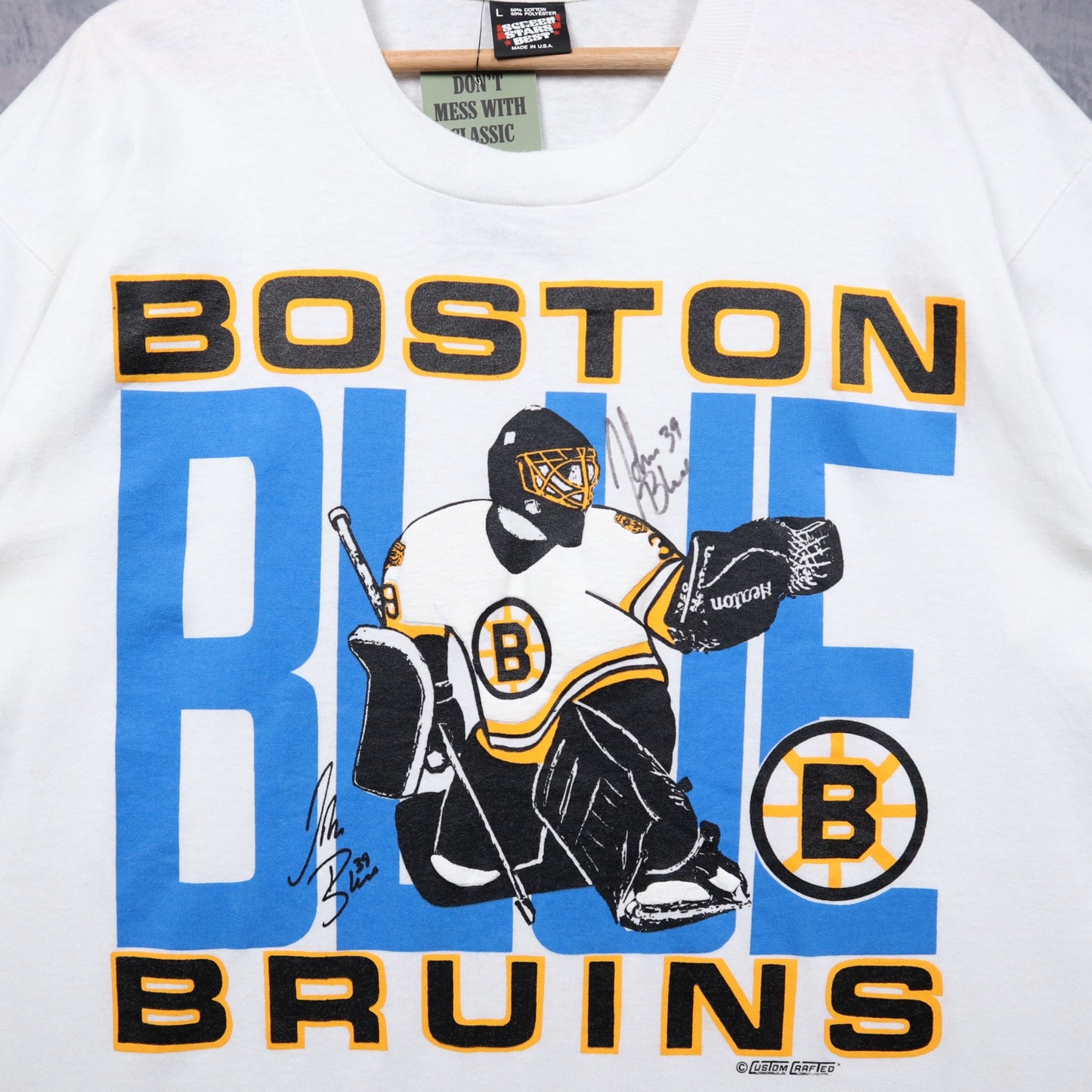 90s White Boston Bruins John Blue Goalie Graphic Shirt 5482