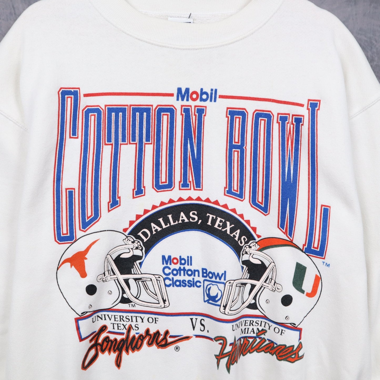90s White Mobil Cotton Bowl Texas vs Miami Crewneck Sweatshirt 5694