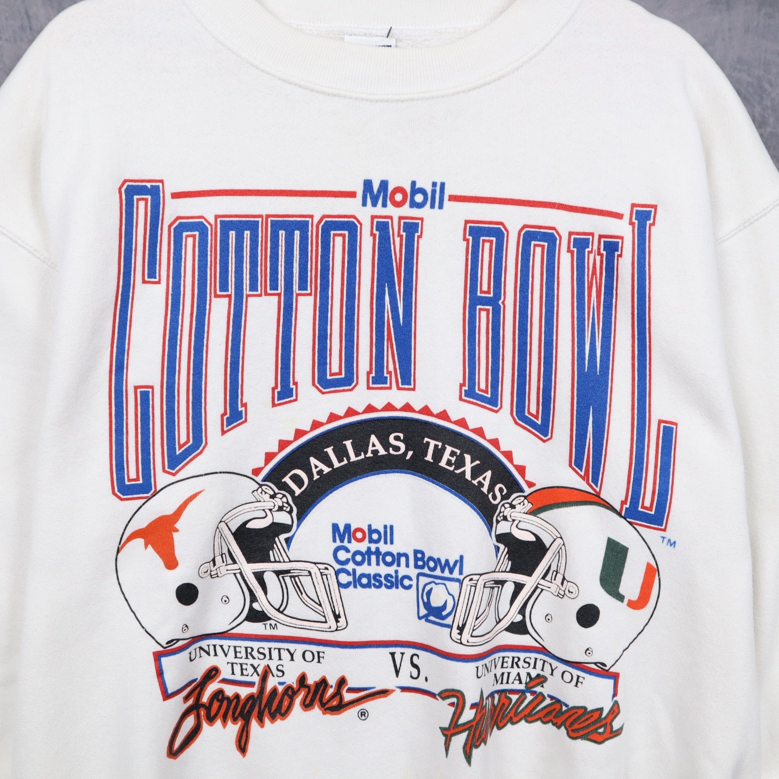 90s White Mobil Cotton Bowl Texas vs Miami Crewneck Sweatshirt 5694