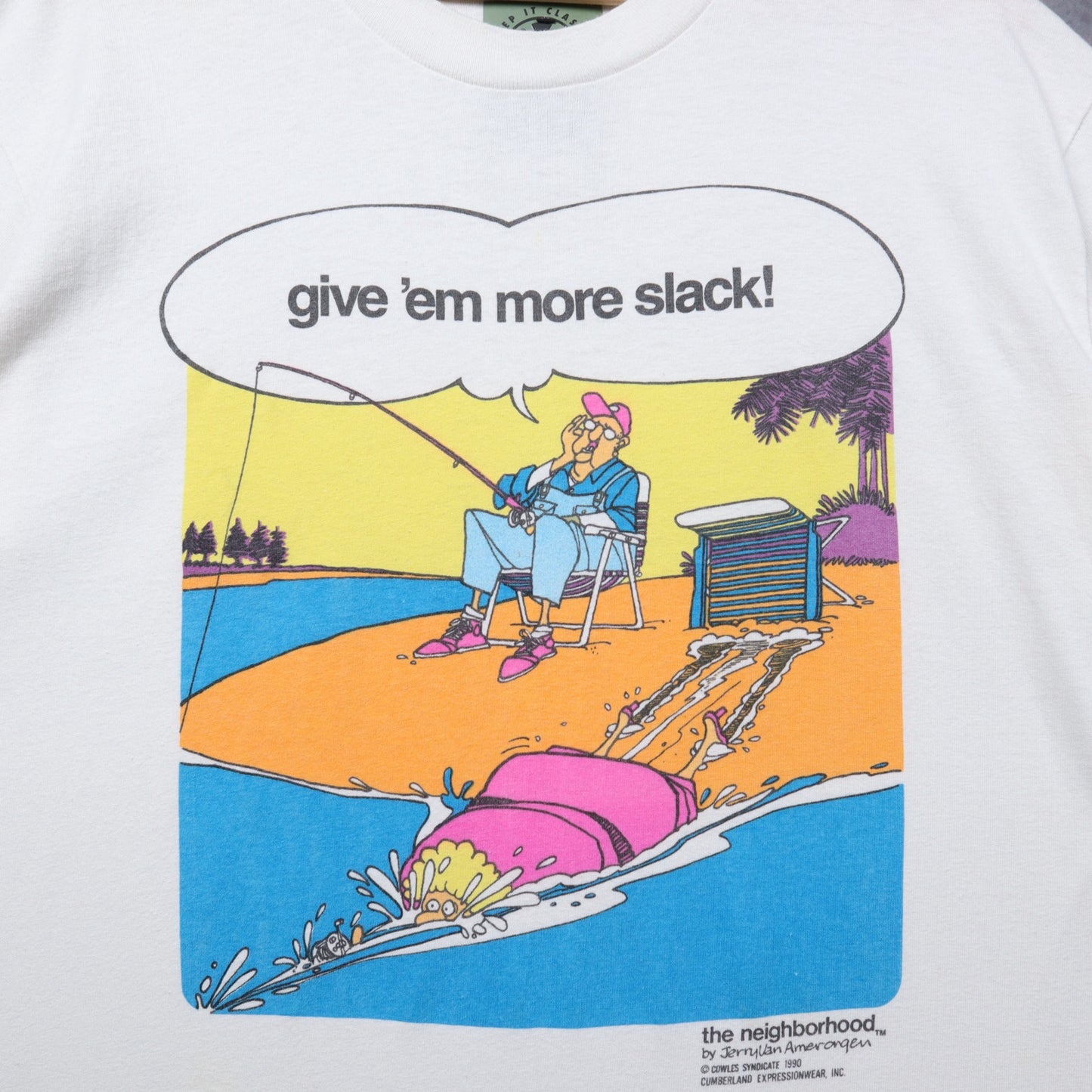 1990 White The Neighborhood 'Give 'Em More Slack' Comic Shirt 5464