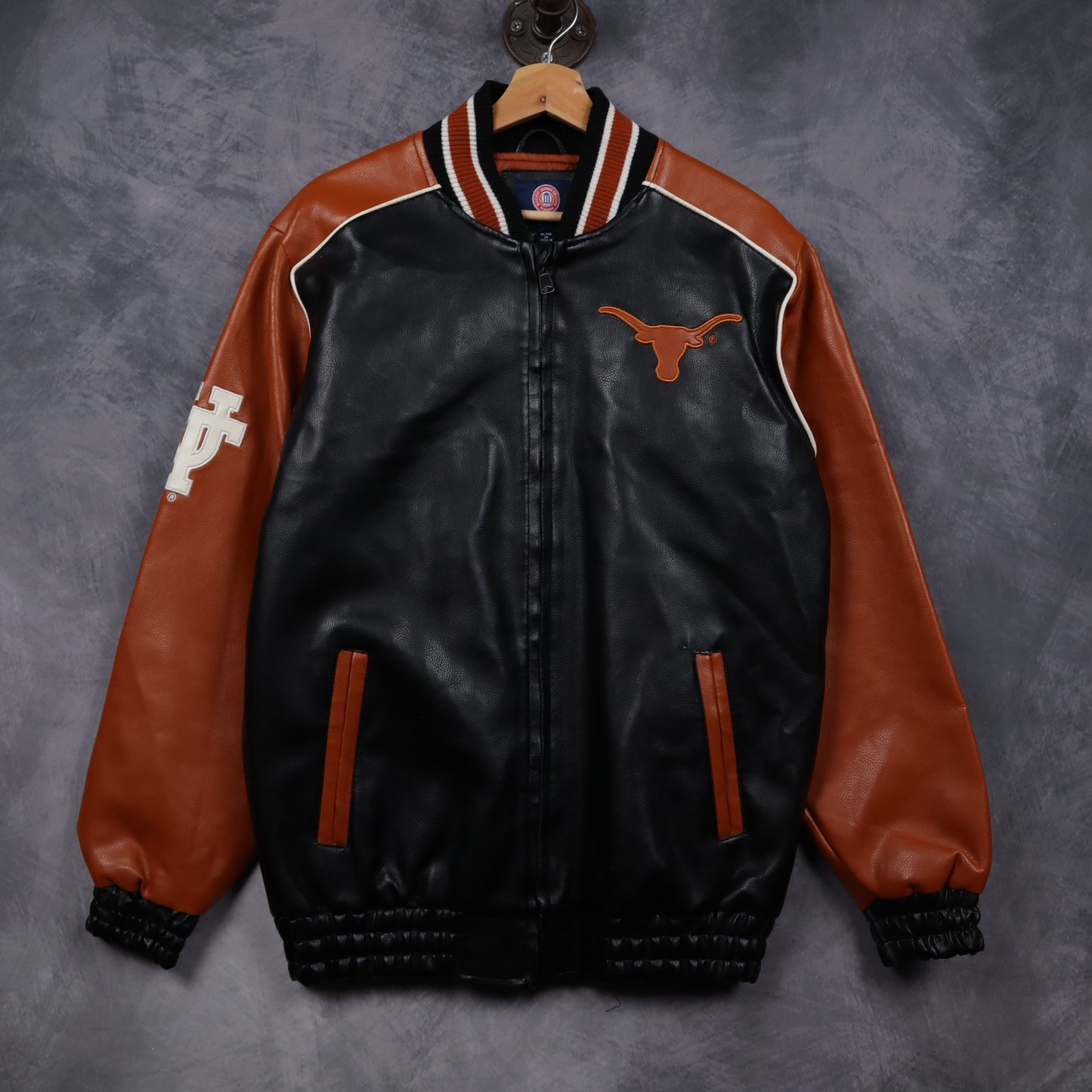 00s Black Texas Longhorns Football Faux Leather Varsity Jacket 5931