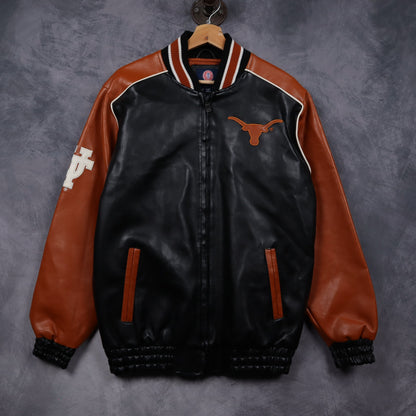 00s Black Texas Longhorns Football Faux Leather Varsity Jacket 5931