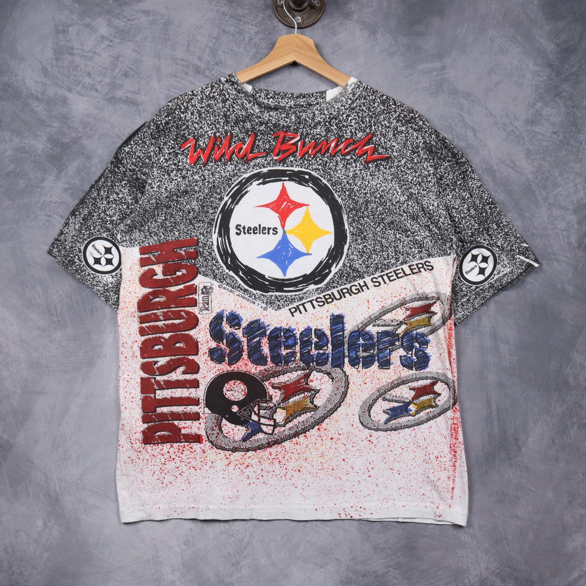 90s Black and White Pittsburgh Steelers Wild Bunch All Over Print Shirt 6733