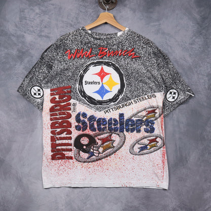 90s Black and White Pittsburgh Steelers Wild Bunch All Over Print Shirt 6733