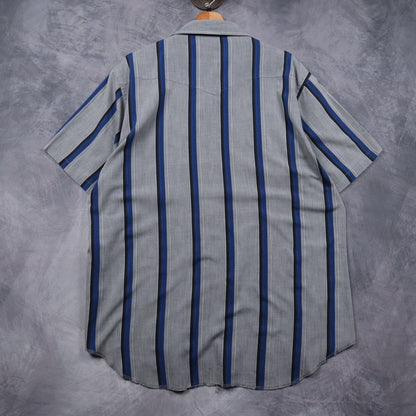 90s Grey Wrangler Striped Pearl Snap Western Short Sleeve Shirt 4823