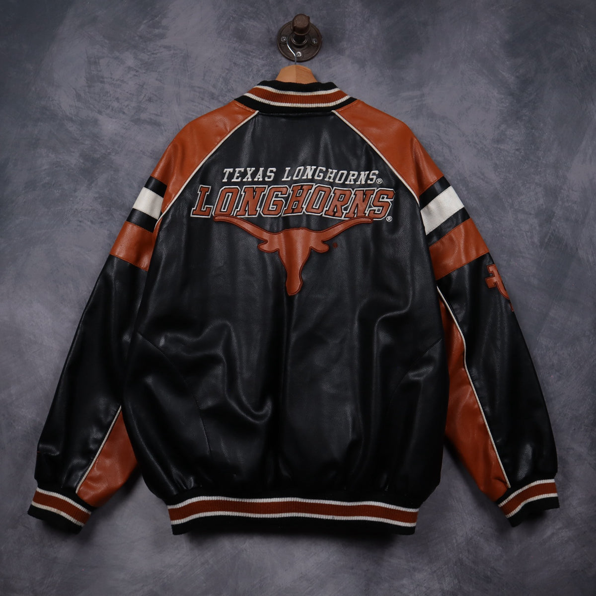 00s Black Texas Longhorns Faux Leather Varsity Jacket 5932