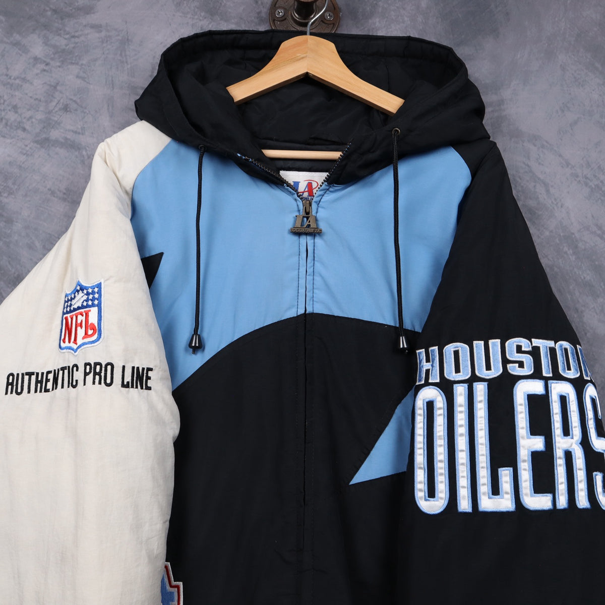 90s Black Houston Oilers Logo Athletic Hooded Jacket 6510