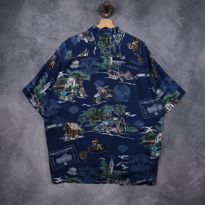 90s Navy Harley-Davidson Tropical All Over Print Button Up Shirt 5140