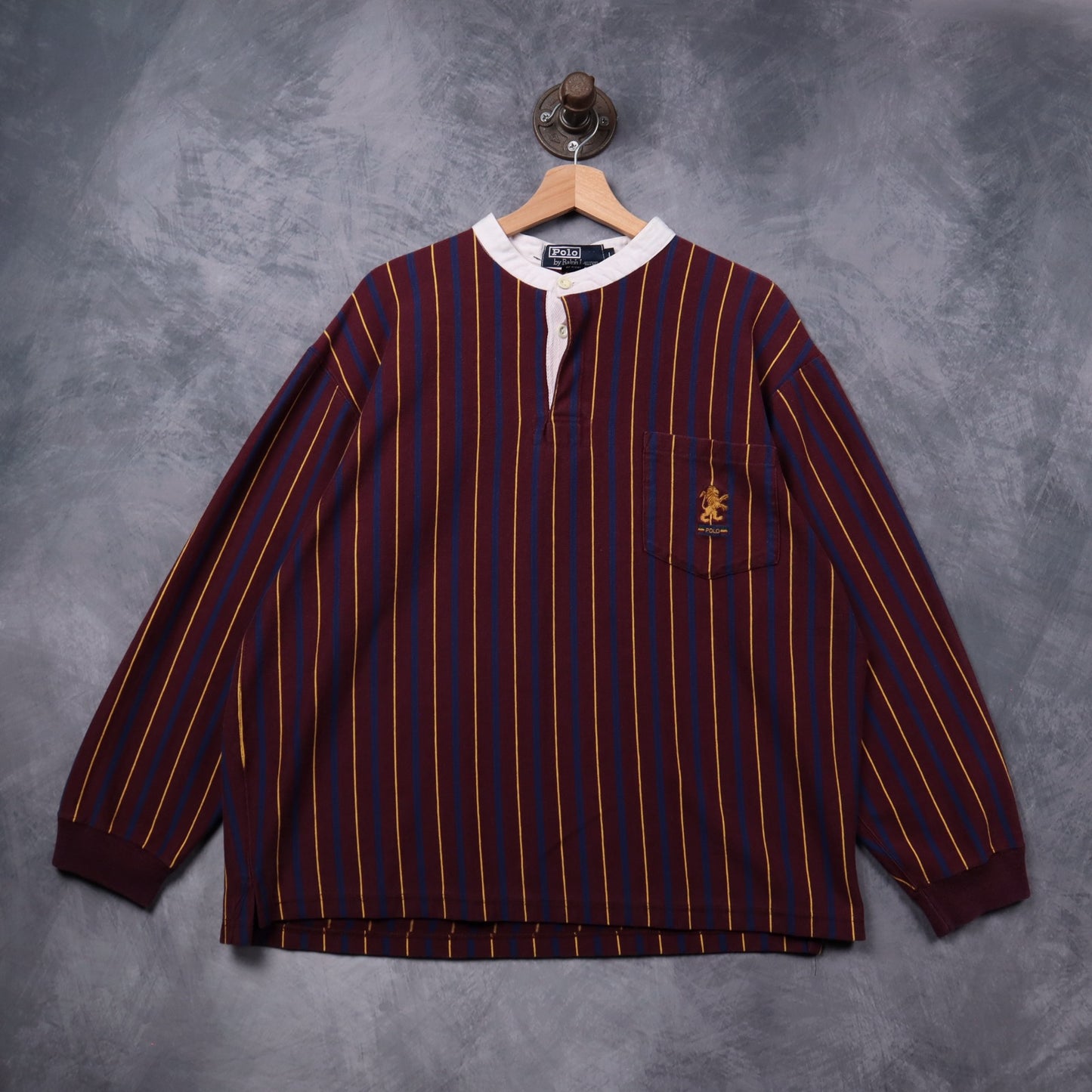90s Burgundy Polo Ralph Lauren Striped Lion Crest Henley Long Sleeve 5425