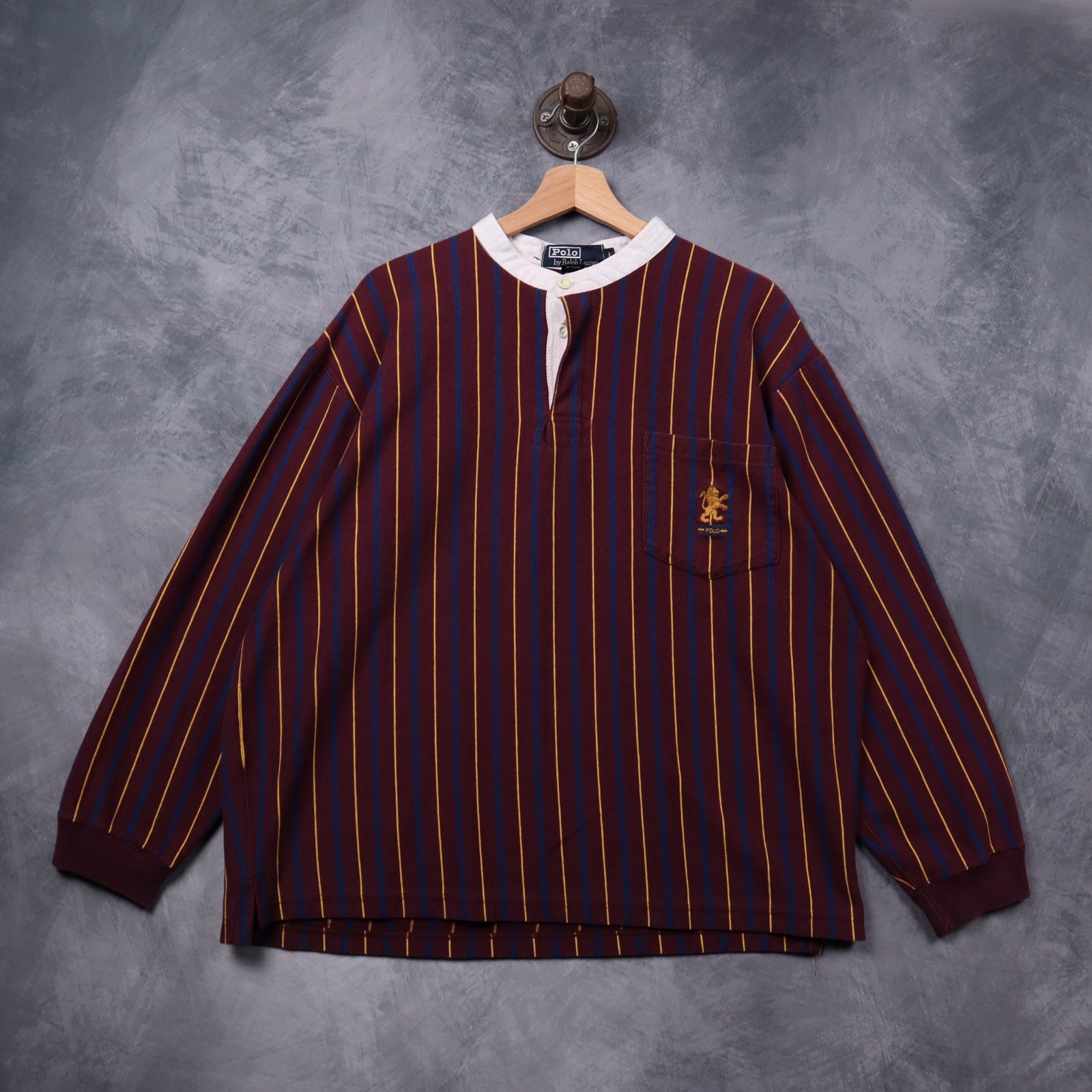 90s Burgundy Polo Ralph Lauren Striped Lion Crest Henley Long Sleeve 5425