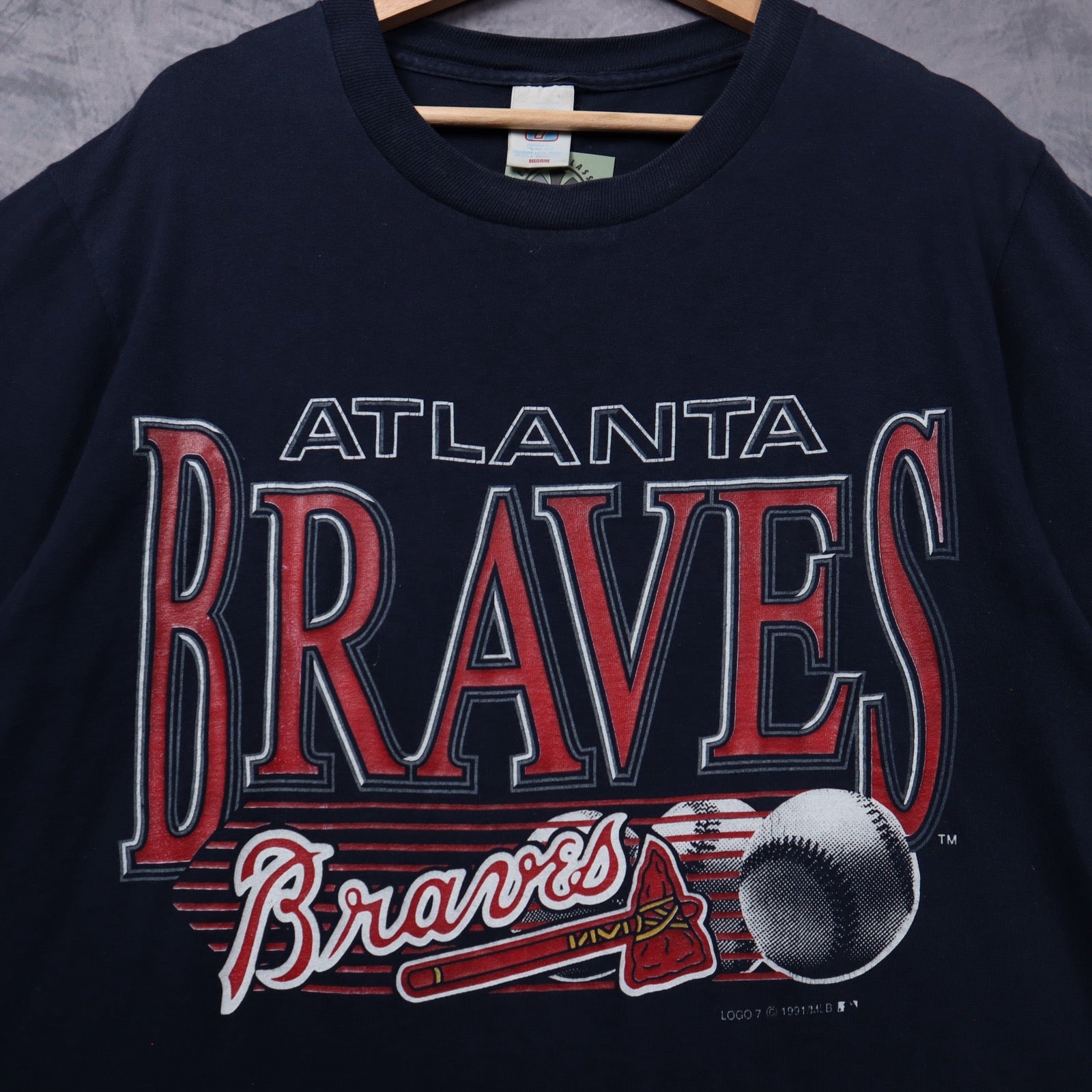 1991 Navy Atlanta Braves Logo 7 Shirt 5355