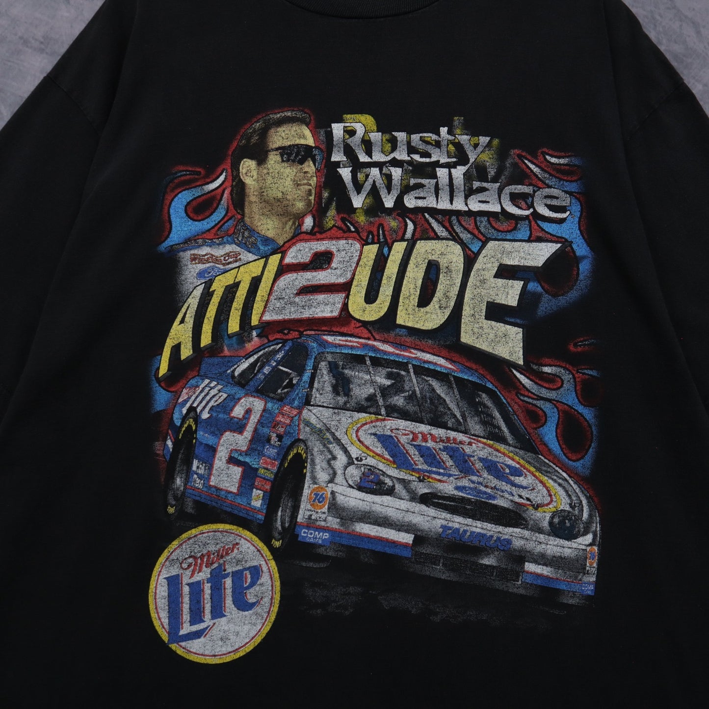 90s Black Rusty Wallace Atti2ude Miller Lite NASCAR Shirt 4835