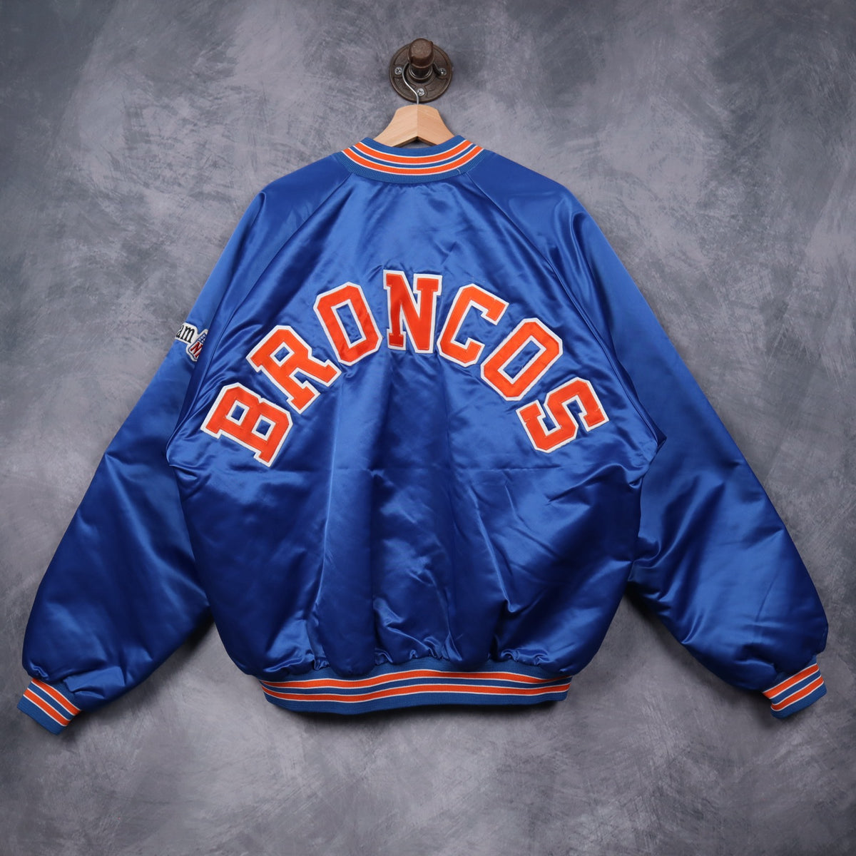 90s Blue Denver Broncos Chalk Line Satin Bomber Jacket 6500