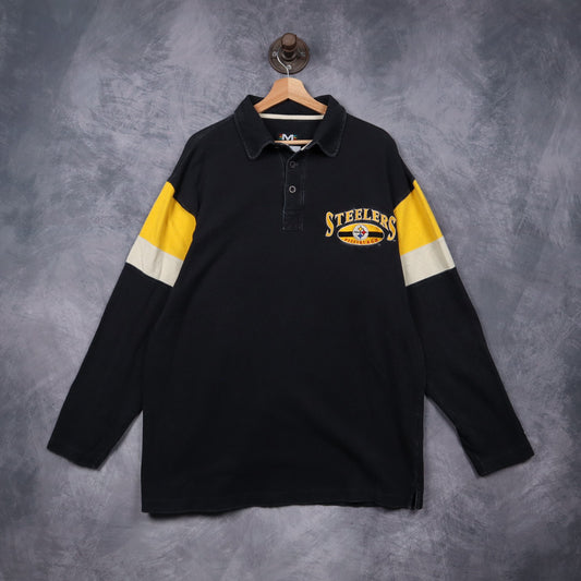 90s Black Pittsburgh Steelers Long Sleeve Polo Shirt 6786