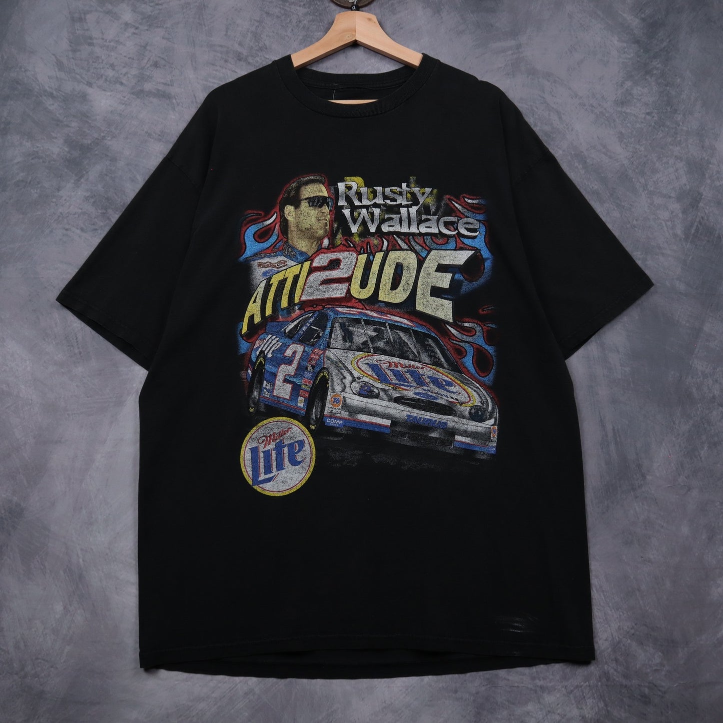 90s Black Rusty Wallace Atti2ude Miller Lite NASCAR Shirt 4835