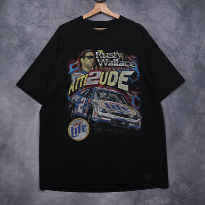 90s Black Rusty Wallace Atti2ude Miller Lite NASCAR Shirt 4835