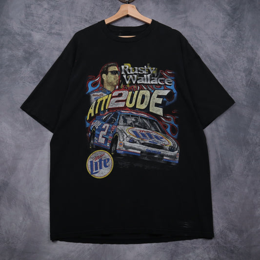 90s Black Rusty Wallace Atti2ude Miller Lite NASCAR Shirt 4835