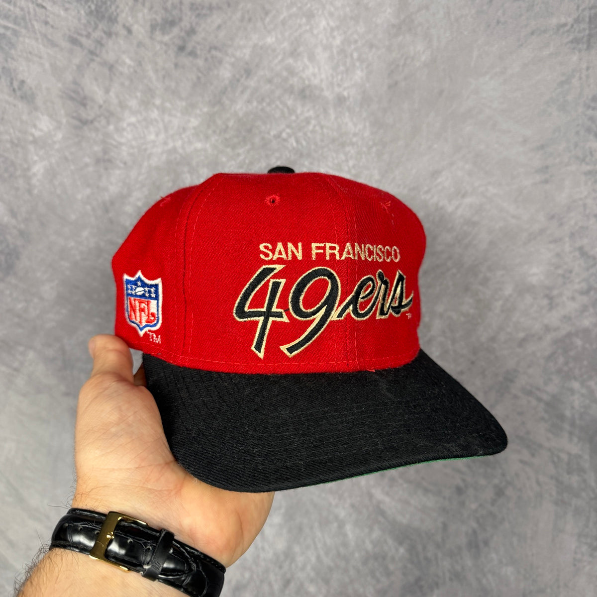 90s Red San Francisco 49ers Sports Specialties Script Snapback Hat 6800