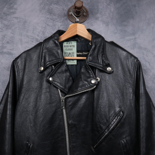 70s Black Harley-Davidson AMF Leather Motorcycle Jacket 5098