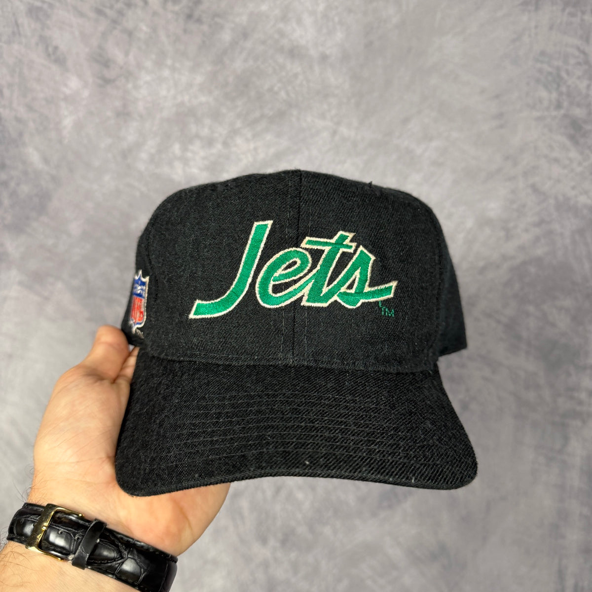 90s Black New York Jets Sports Specialties Script Snapback Hat 6823