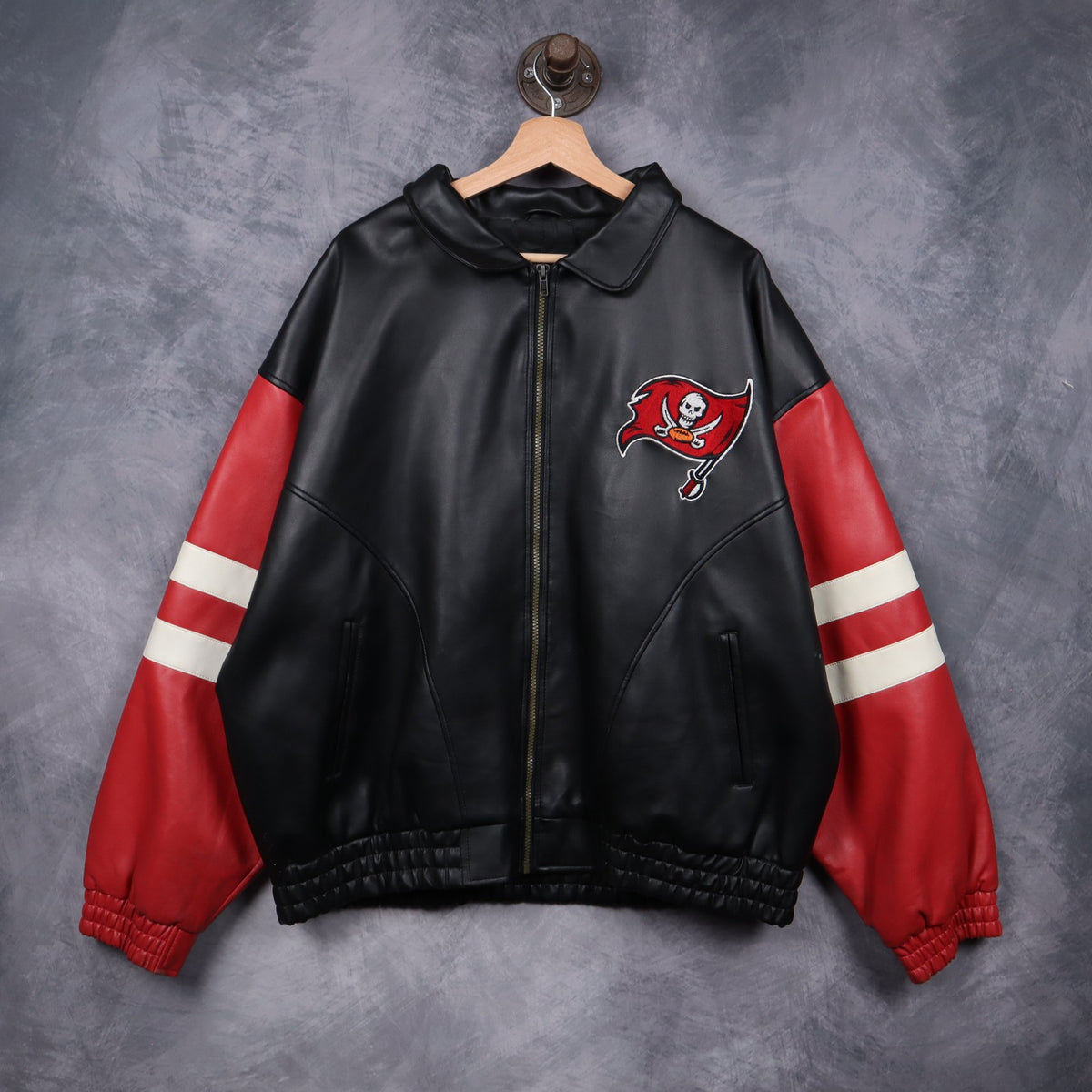 00s Black Tampa Bay Buccaneers NFL Game Day Faux Leather Jacket 6525