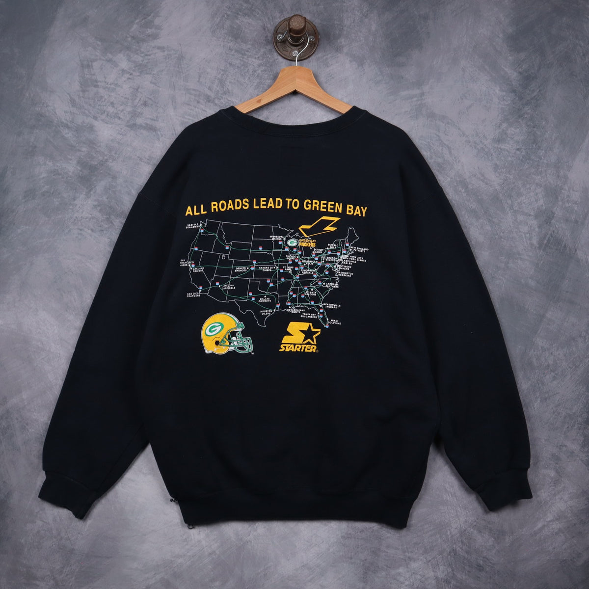 90s Black Green Bay Packers Leader Of The Pack Starter Crewneck Sweatshirt 6489