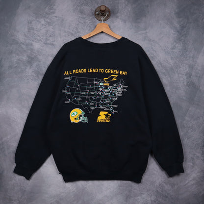 90s Black Green Bay Packers Leader Of The Pack Starter Crewneck Sweatshirt 6489