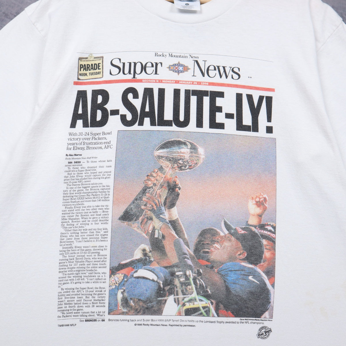 1998 White Denver Broncos Super Bowl XXXII Rocky Mountain News Shirt 6711