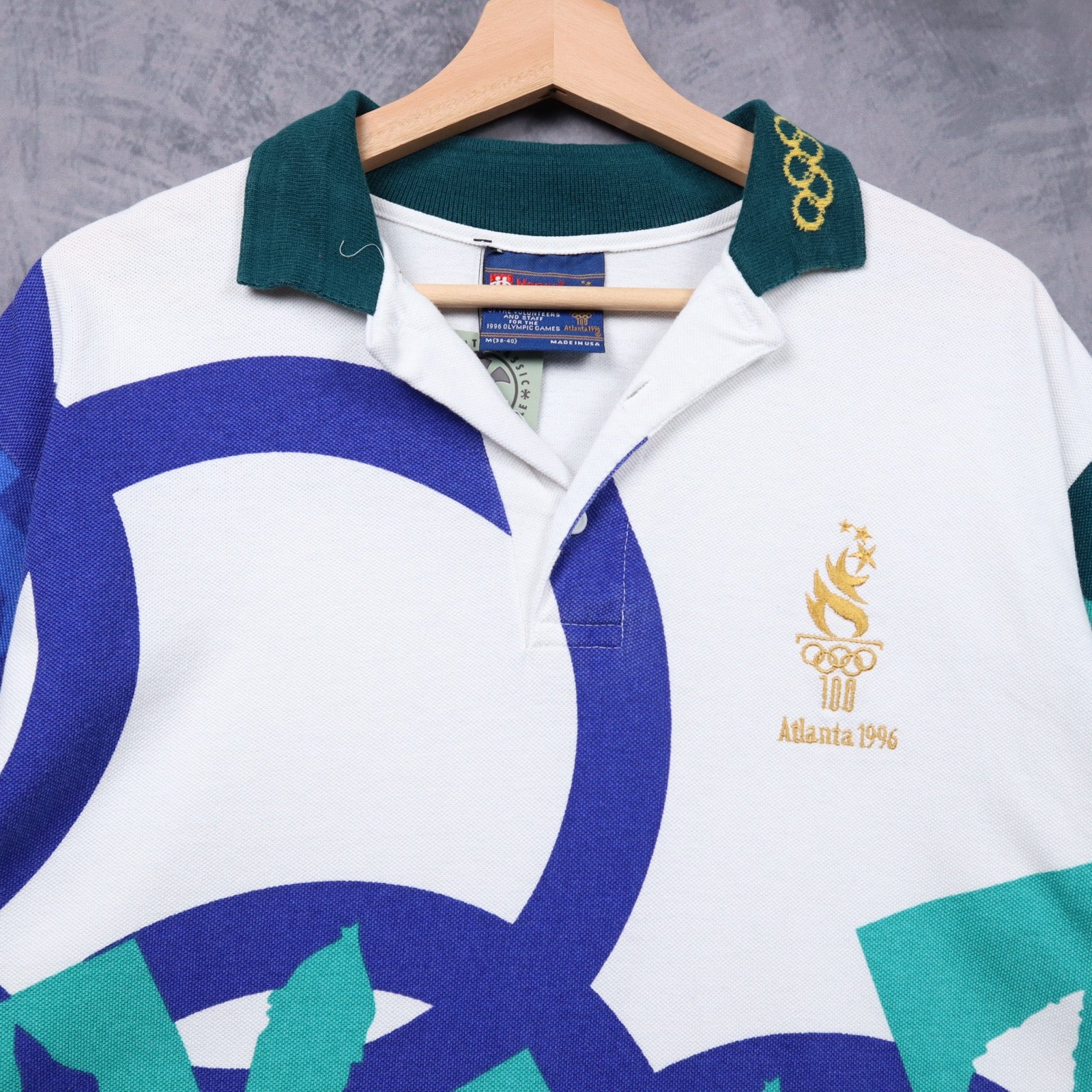 1996 White Atlanta Olympics All Over Print Polo Shirt 5590