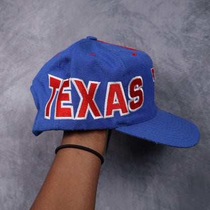 90s Blue and Red Texas Rangers American Needle Split Snapback Hat 5562