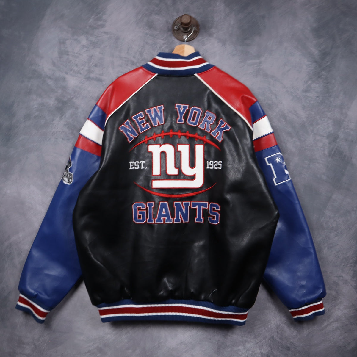 00s Black New York Giants Faux Leather Varsity Jacket 6507