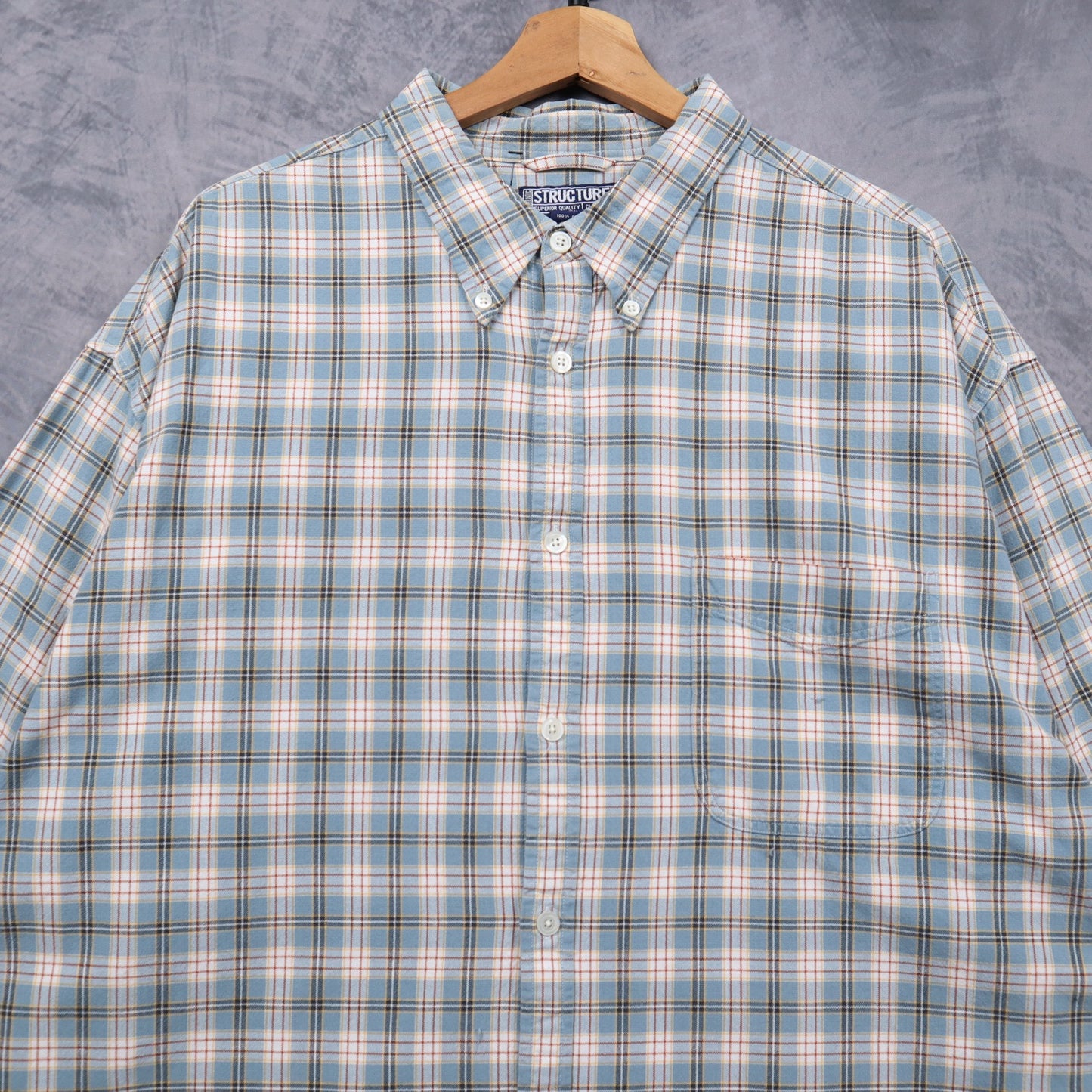 90s Light Blue Structure Plaid Long Sleeve Button Up Shirt 5532