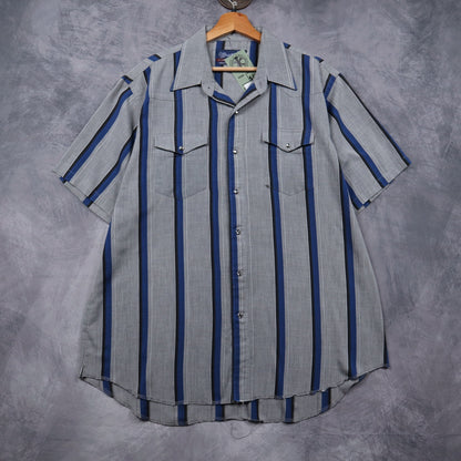 90s Grey Wrangler Striped Pearl Snap Western Short Sleeve Shirt 4823