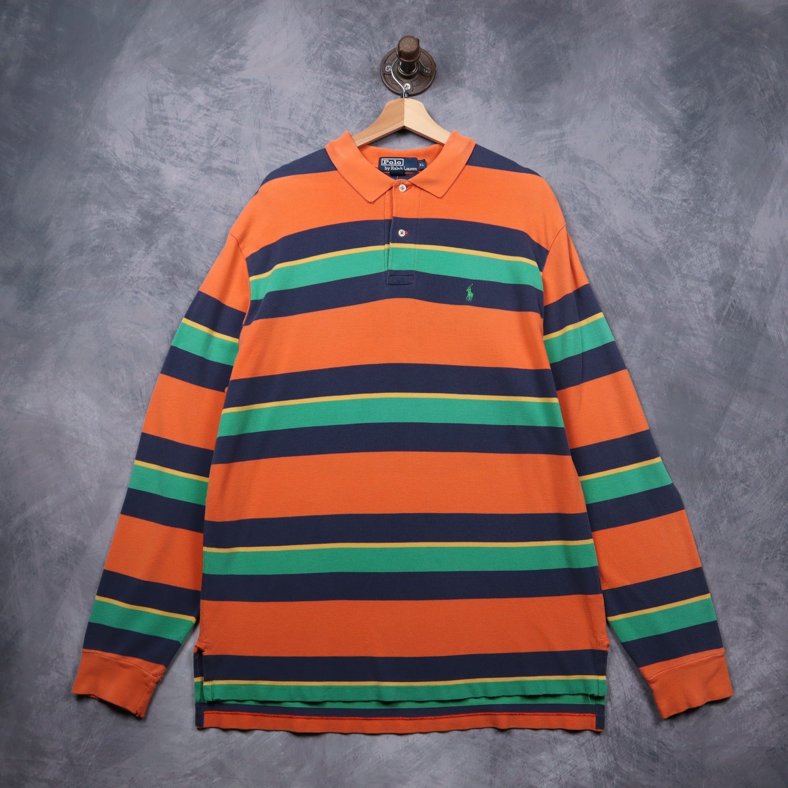 90s Orange Polo Ralph Lauren Striped Long Sleeve Polo Shirt 5466