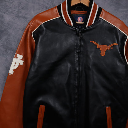 00s Black Texas Longhorns Football Faux Leather Varsity Jacket 5931