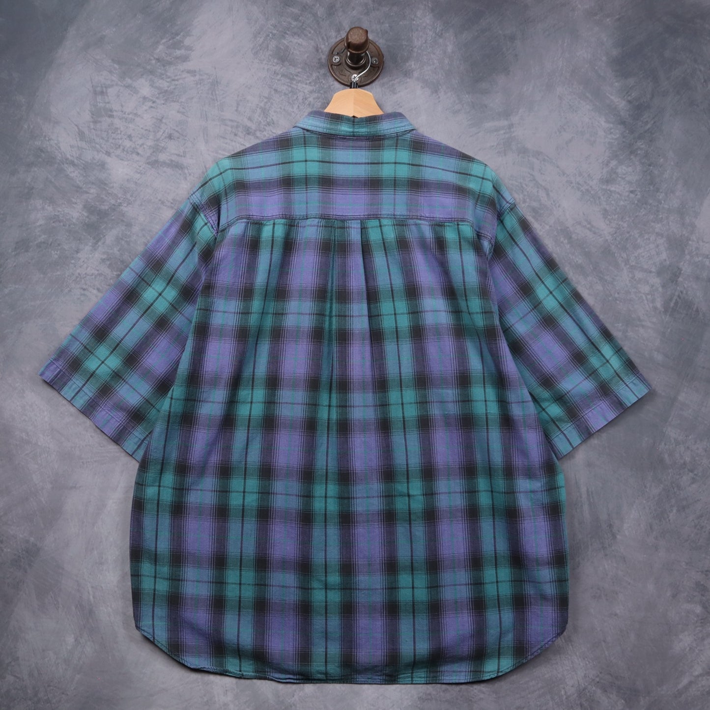 90s Green Purple Knights of Round Table Shadow Plaid Short Sleeve Button Up Shirt 5478