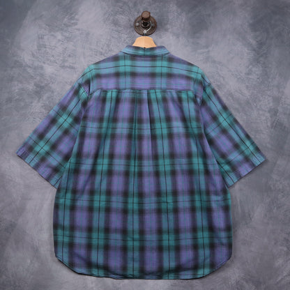 90s Green Purple Knights of Round Table Shadow Plaid Short Sleeve Button Up Shirt 5478