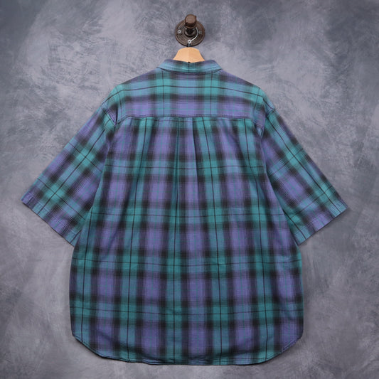 90s Green Purple Knights of Round Table Shadow Plaid Short Sleeve Button Up Shirt 5478