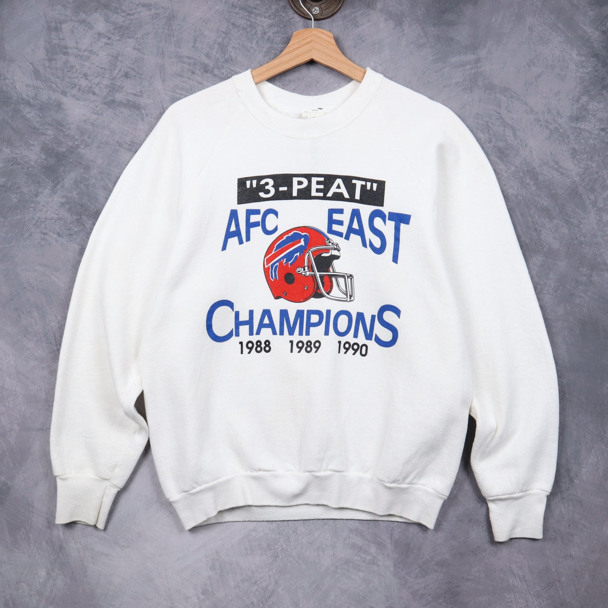 1990 White Buffalo Bills 3-Peat AFC East Champions Crewneck Sweatshirt 6470