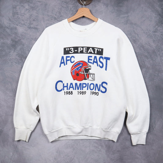 1990 White Buffalo Bills 3-Peat AFC East Champions Crewneck Sweatshirt 6470