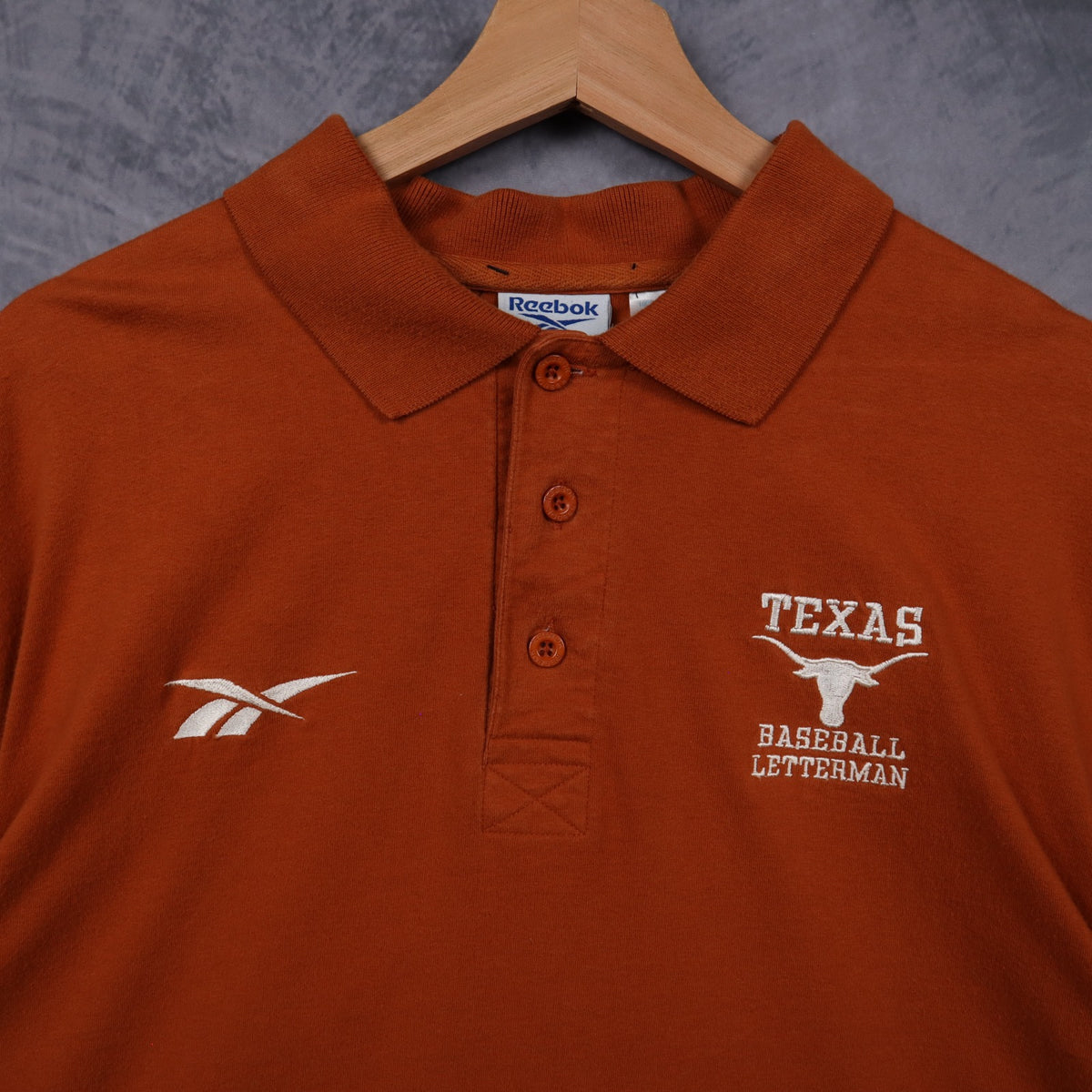 90s Burnt Orange Texas Longhorns Baseball Letterman Reebok Polo Shirt 5892