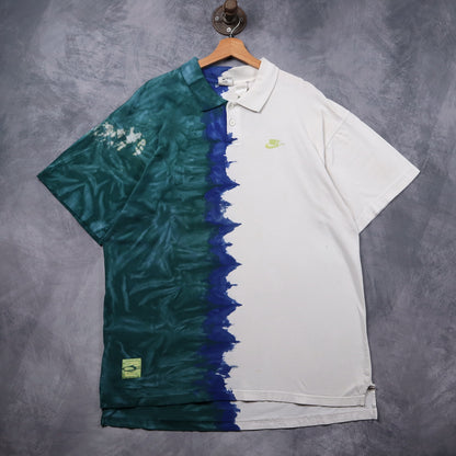90s White & Green Nike Challenge Court Tie Dye Split Polo Shirt 5348