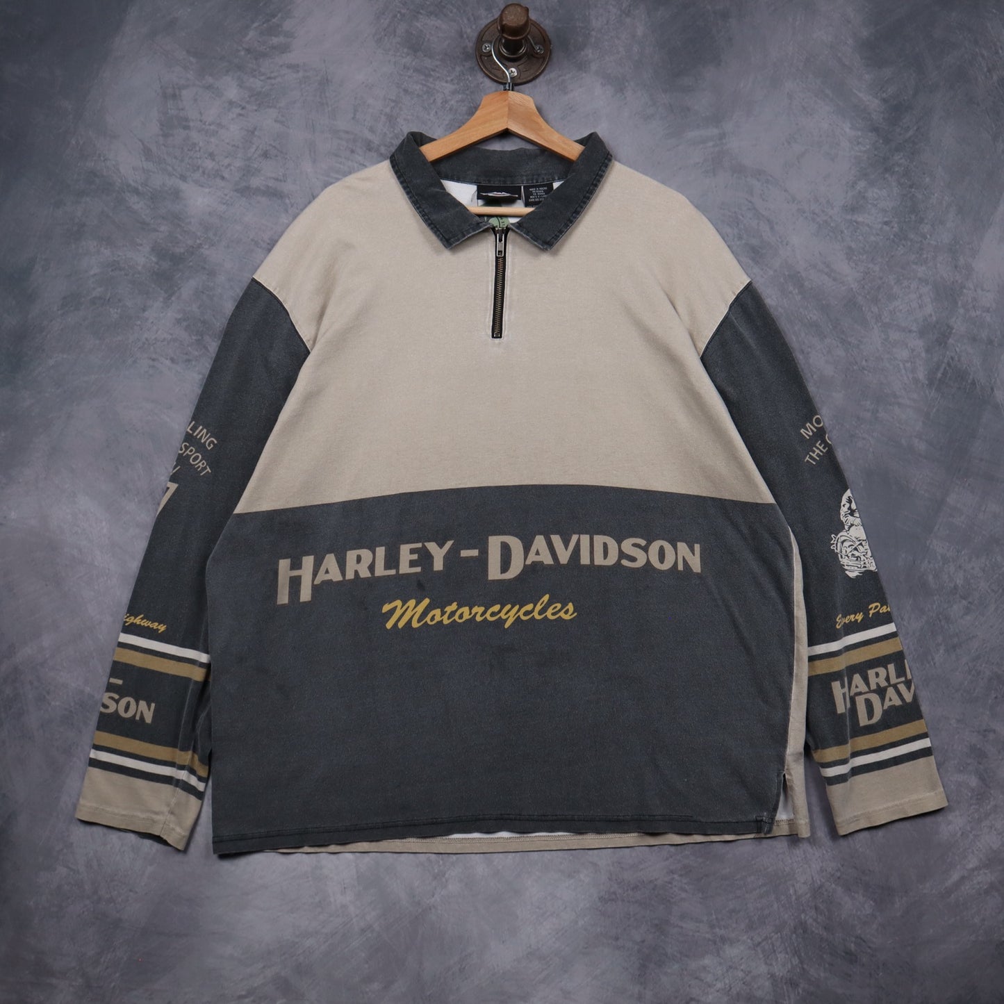 Early 2000s Tan & Grey Harley Davidson Motorcycles Quarter Zip Long Sleeve 5141