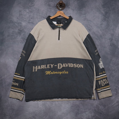 Early 2000s Tan & Grey Harley Davidson Motorcycles Quarter Zip Long Sleeve 5141