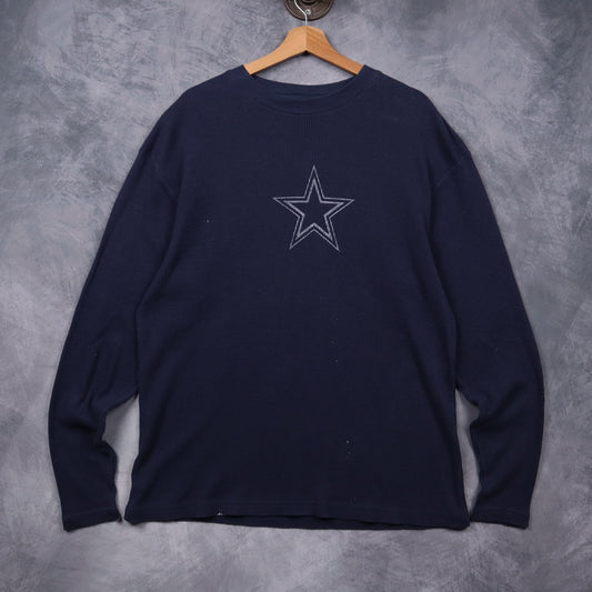 00s Navy Blue Dallas Cowboys Waffle Knit Long Sleeve Shirt 6624
