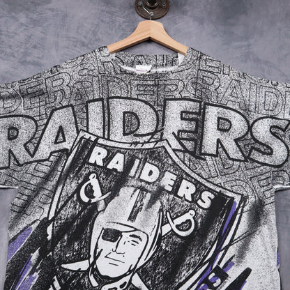90s Black and White Raiders All Over Print Shirt 6556