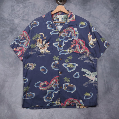 00s Navy RRL Ralph Lauren Dragon Tiger Camp Shirt 4867