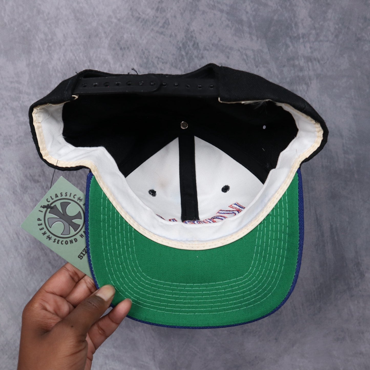 90s Black Kansas Jayhawks Script Snapback Hat 5615