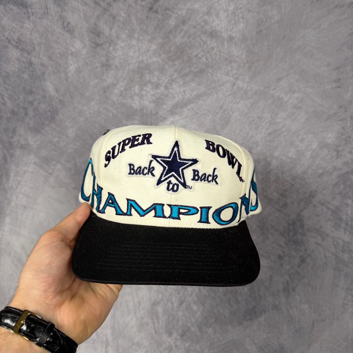 90s Cream Dallas Cowboys Super Bowl Back to Back Champions Snapback Hat 6849