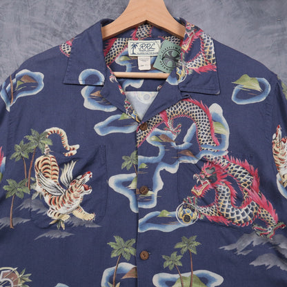 00s Navy RRL Ralph Lauren Dragon Tiger Camp Shirt 4867